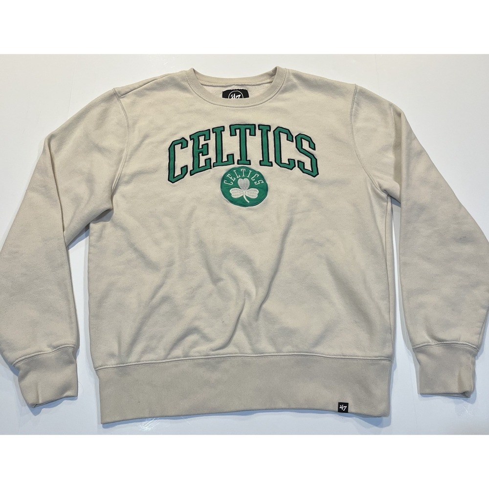 Boston Celtics 47 Brand Crewneck Sweatshirt‎ Mens L Cream Embroidered Logo NBA